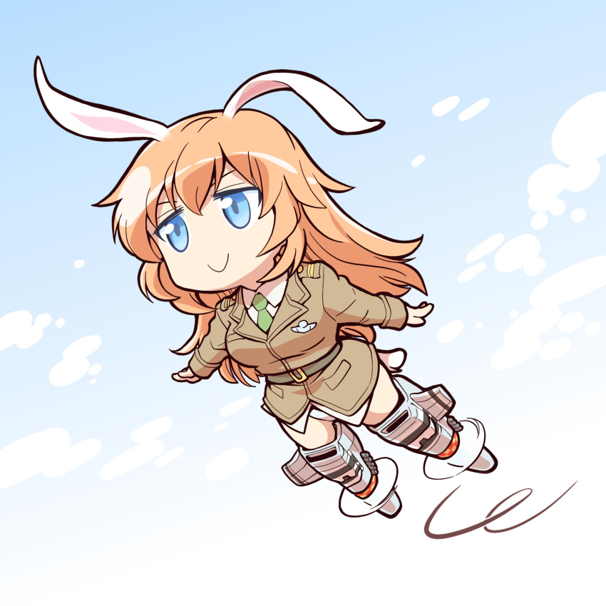 animal_ears blue_eyes bunny_ears charlotte_e_yeager cloud cloudy_sky day flying full_body highres ishiyumi long_hair long_sleeves military military_uniform necktie no_pants orange_hair panties propeller sky smile solo strike_witches underwear uniform white_panties world_witches_series