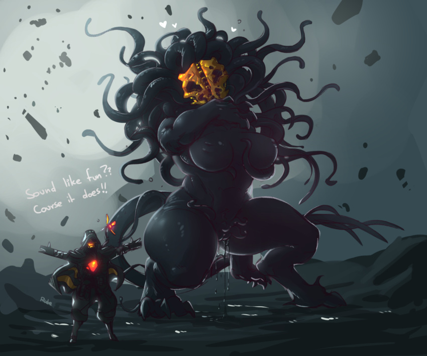 &lt;3 ambiguous_gender armor breast_fondling breasts claws death_stranding female fondling hand_on_breast hood monster pussy pussy_juice rube size_difference tentacle_hair tentacle_monster tentacles