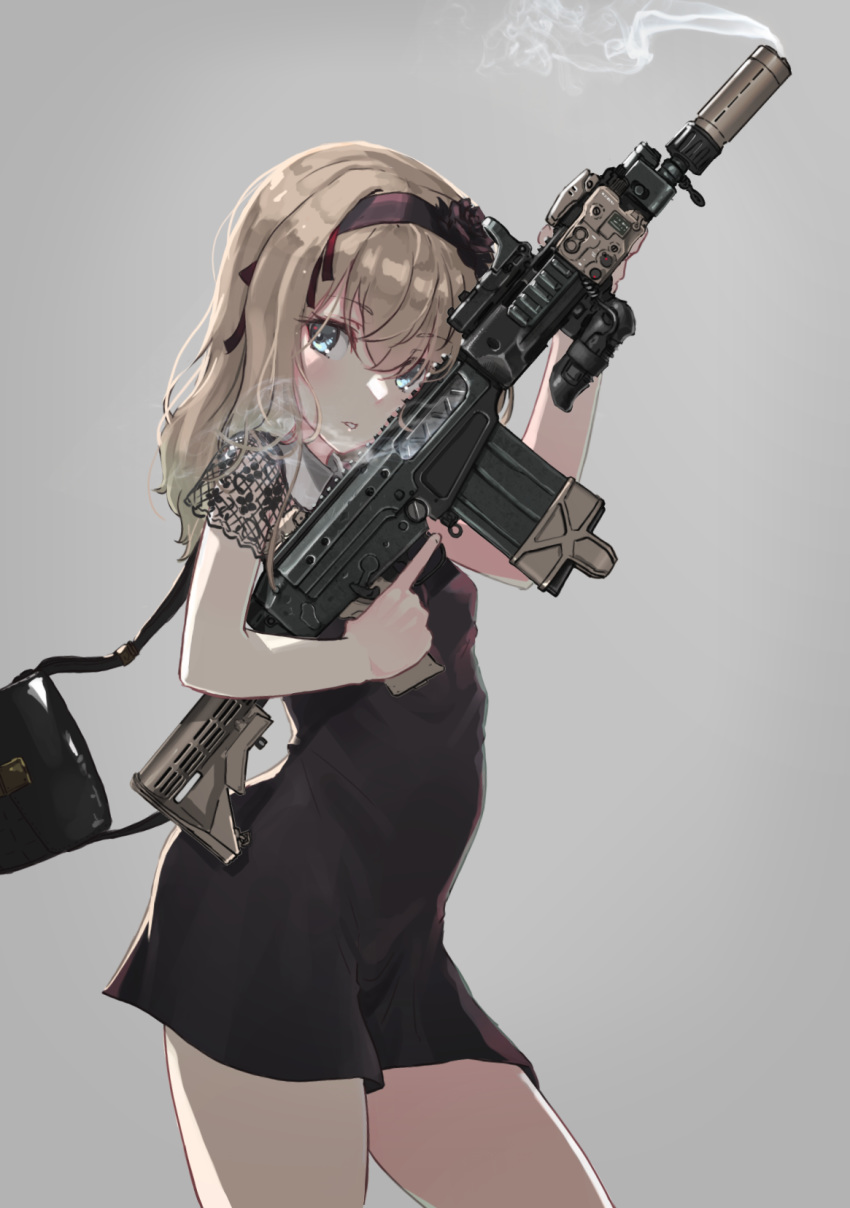 :o arched_back battle_rifle blonde_hair blue_eyes breasts contrapposto cowboy_shot eyebrows_visible_through_hair fn_fal gun hairband highres long_hair looking_to_the_side magpul narrow_waist oota_youjo original rifle simple_background small_breasts smoke solo standing suppressor trigger_discipline weapon