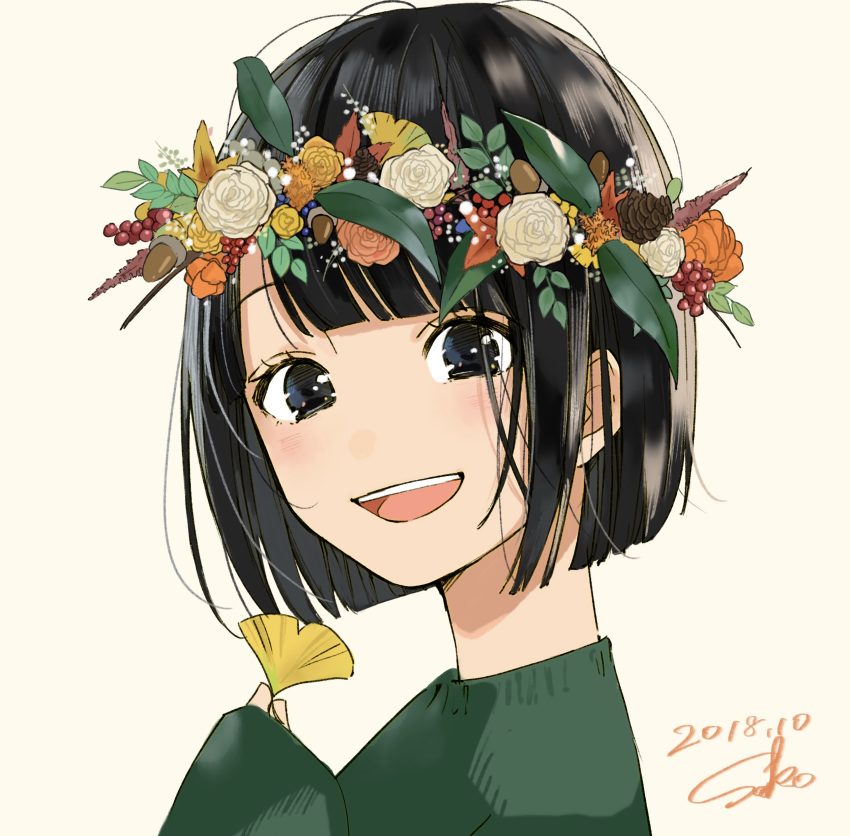 :d absurdres acorn autumn_leaves beige_background black_eyes black_hair bob_cut close-up dated eyelashes flower ginkgo ginkgo_leaf green_sweater happy head_wreath highres holding holding_leaf leaf long_sleeves looking_at_viewer open_mouth orange_flower orange_rose original pinecone rose sako_(user_ndpz5754) short_hair signature simple_background sleeves_past_wrists smile solo sweater teeth upper_body white_background white_flower white_rose yellow_flower