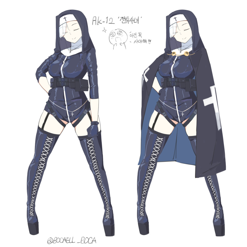 1girl ak-12_(girls_frontline) alternate_costume boca boots capelet closed_eyes commentary_request cross eyebrows_visible_through_hair eyes_visible_through_hair garter_belt garter_straps girls_frontline habit highres korean nun rosary short_hair thigh_boots thighhighs traditional_media