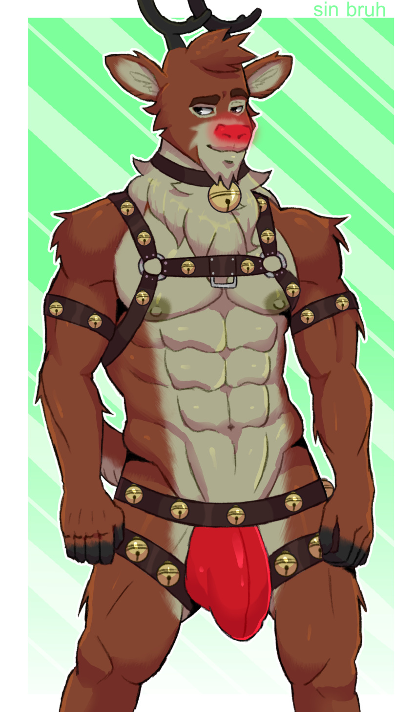 2018 abs anthro antlers barazoku bell bell_collar biceps brown_fur bulge cervine christmas clothed clothing collar digital_media_(artwork) erection fur glowing glowing_nose harness holidays horn jockstrap leather leather_harness male mammal muscular muscular_male navel nipples pecs red_nose reindeer reindeer_harness rudolph_the_red_nosed_reindeer simple_background sin_bruh skimpy smile solo standing underwear watermark