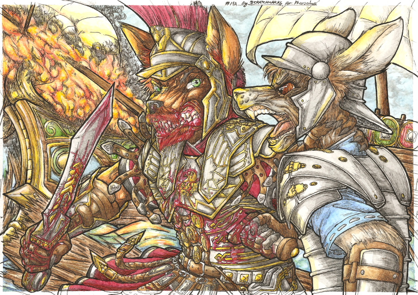 angry armor battle blood canine centurion destruction detailed_background dog duo fire game_(disambiguation) gladius green_eyes hammer helmet imminent_death lagomorph male mammal medals melee_weapon military officer pharsalus_(character) polearm rabbit roman rome scratchmarksart_(artist) shield ship soldier spear sword teeth tools traditional_media_(artwork) vehicle video_games war warrior weapon