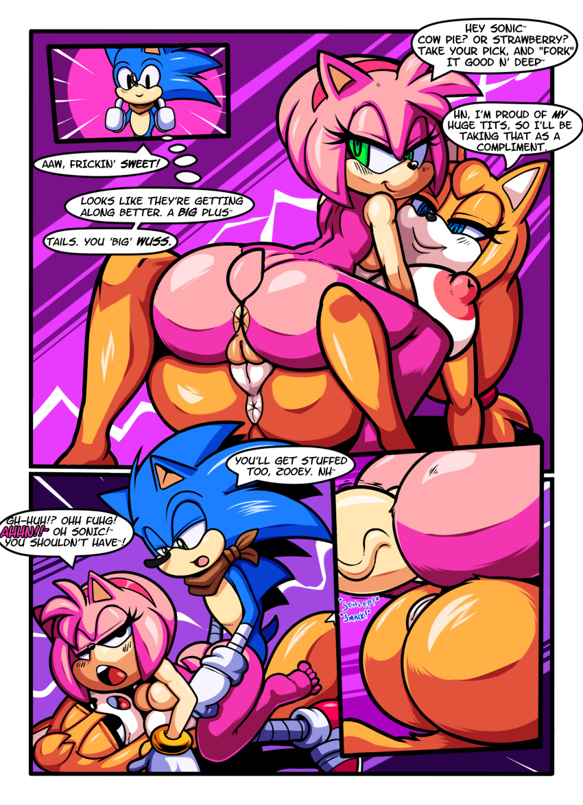 amy_rose anthro anus big_breasts big_butt big_penis bisexual breasts butt canine cloudz comic dialogue dreamcastzx1 english_text female female/female fox hedgehog hi_res huge_breasts huge_butt huge_penis male male/female mammal nude penis pussy sonic_(series) sonic_boom sonic_the_hedgehog speech_bubble text video_games zooey_the_fox