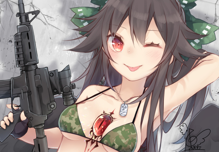 ;p acog against_wall ar-15 arm_behind_head arm_up armpits bangs between_breasts bikini bikini_top black_gloves black_hair blush bow breasts breasts_apart camouflage camouflage_bikini closed_mouth collarbone commentary_request cracked_wall dog_tags dutch_angle eyebrows_visible_through_hair fingerless_gloves gloves green_bow gun hair_bow highres holding holding_gun holding_weapon long_hair looking_at_viewer one_eye_closed red_eyes reiuji_utsuho rifle signature solo strap_gap string_bikini swimsuit third_eye tongue tongue_out touhou toutenkou upper_body weapon