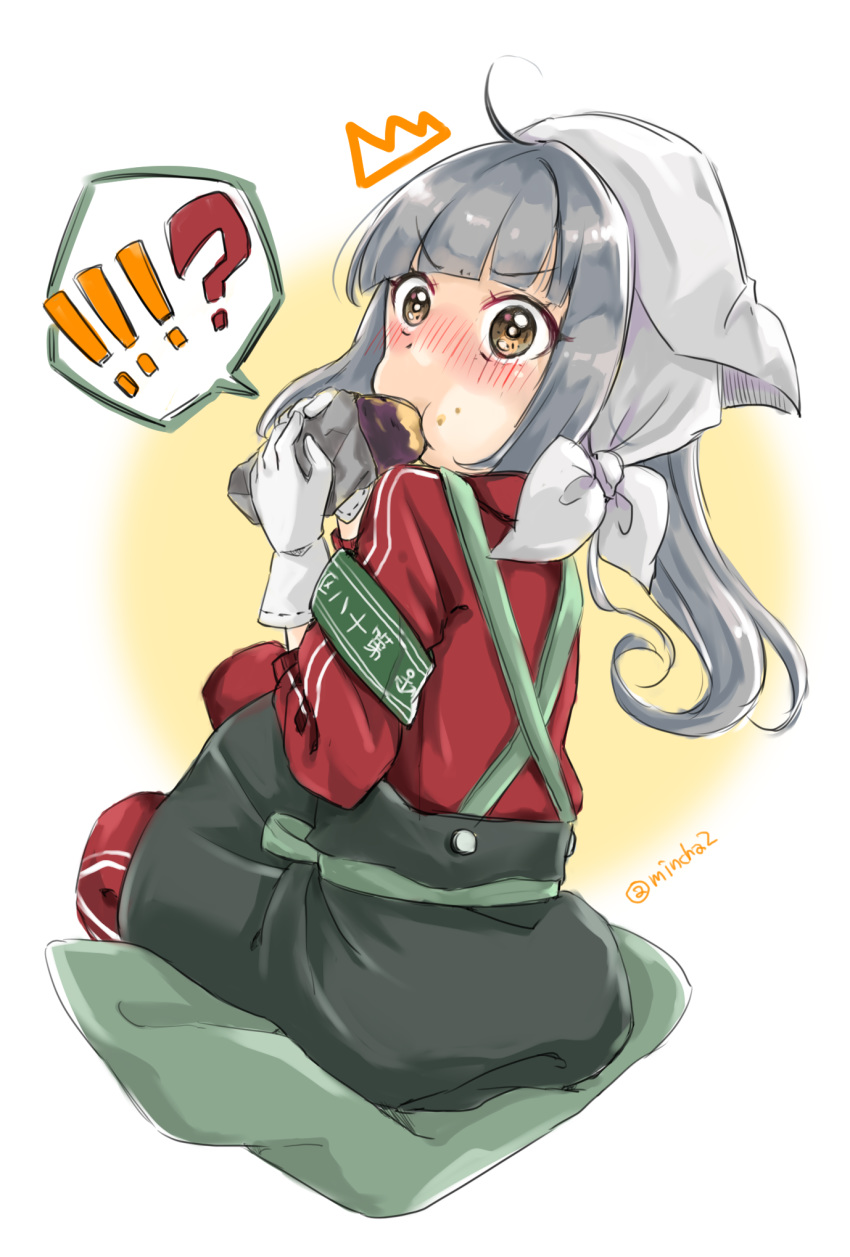 !? 1girl ? apron black_apron blush brown_eyes commentary_request eating food gloves grey_hair head_scarf highres jacket kantai_collection kasumi_(kantai_collection) long_sleeves looking_at_viewer mincha pants puffy_cheeks side_ponytail simple_background sitting solo speech_bubble spoken_interrobang surprised suspenders sweet_potato track_jacket track_pants track_suit twitter_username v-shaped_eyebrows white_gloves wide-eyed yakiimo