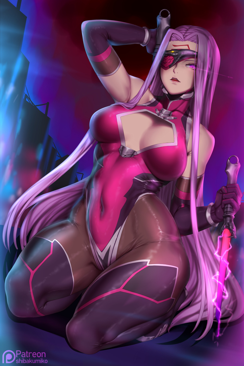 absurdres alternate_costume arm_behind_head bare_shoulders boots bracelet breasts cleavage cleavage_cutout commentary_request covered_navel dagger detached_sleeves dual_wielding elbow_gloves eyepatch facial_mark facial_tattoo facing_viewer fate/grand_order fate_(series) forehead_mark gloves glowing glowing_eye high_collar highres holding holding_dagger holding_weapon jewelry kumiko_shiba large_breasts leotard long_hair looking_at_viewer md5_mismatch pantyhose parted_lips pink_leotard purple_hair rider seiza sitting skin_tight solo taimanin_(series) taimanin_suit tattoo thigh_boots thighhighs very_long_hair weapon