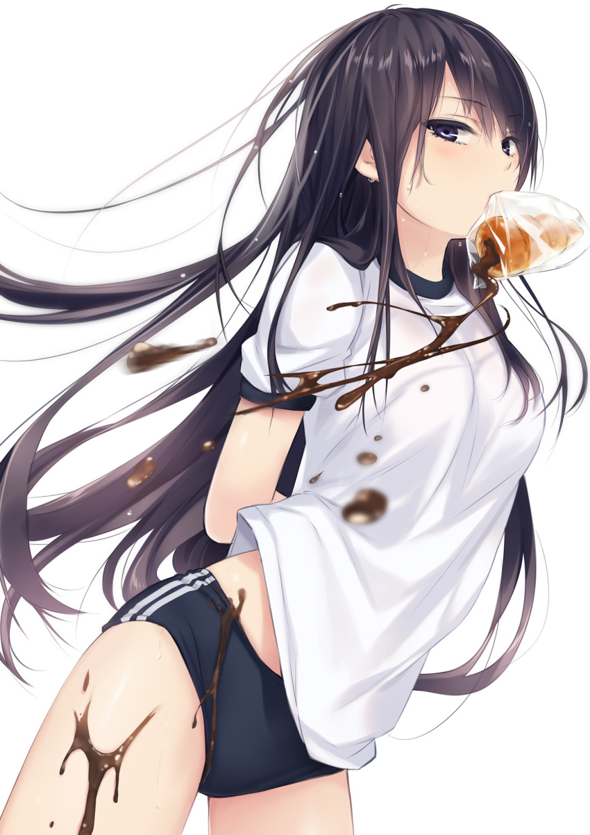 arms_behind_back bangs black_hair blue_eyes blurry bread_eating_race breasts buruma chocolate_cornet coffee-kizoku commentary_request contrapposto cowboy_shot depth_of_field eyebrows_visible_through_hair food gym_uniform half-closed_eyes highres long_hair looking_at_viewer medium_breasts mouth_hold original shiramine_rika short_sleeves sidelocks simple_background solo striped tsurime very_long_hair white_background