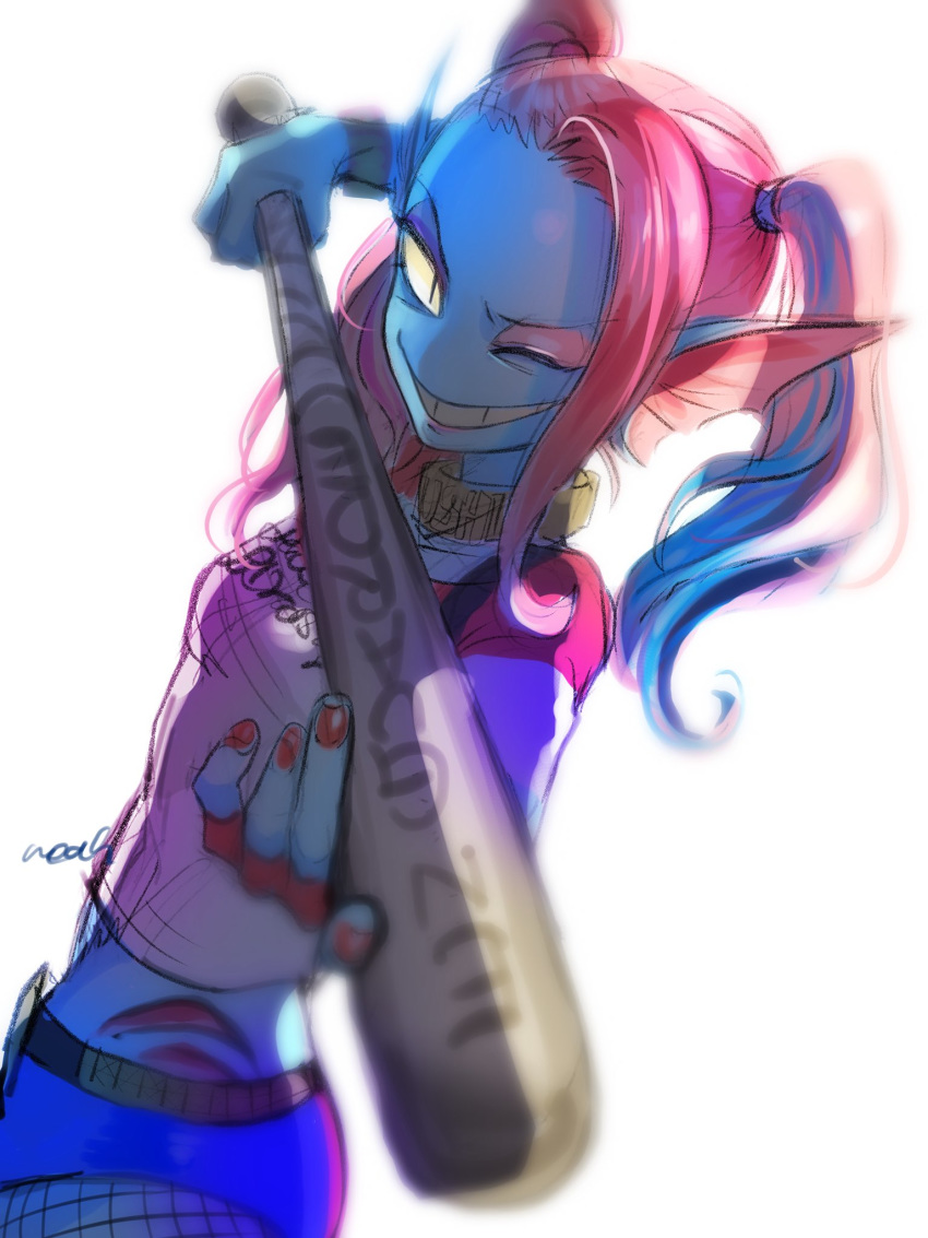 baseball_bat breasts cosplay harley_quinn harley_quinn_(cosplay) highres jacket long_hair looking_at_viewer makeup multicolored_hair noaharbre protected_link shirt shorts smile solo suicide_squad teeth twintails undertale undyne yellow_sclera