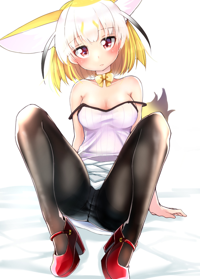 1girl :&lt; animal_ears arm_support bangs bare_shoulders black_hair black_legwear blonde_hair blunt_bangs blush bow bowtie breasts camisole cleavage collarbone commentary_request crotch_seam eyebrows_visible_through_hair fennec_(kemono_friends) fox_ears fox_girl fox_tail full_body gradient_hair head_tilt high_heels highres kemono_friends kinou_no_shika knees_up looking_at_viewer medium_breasts multicolored_hair panties panties_under_pantyhose pantyhose red_eyes red_footwear simple_background sitting skirt solo strap_slip tail underwear upskirt white_background white_hair white_skirt yellow_bow yellow_neckwear