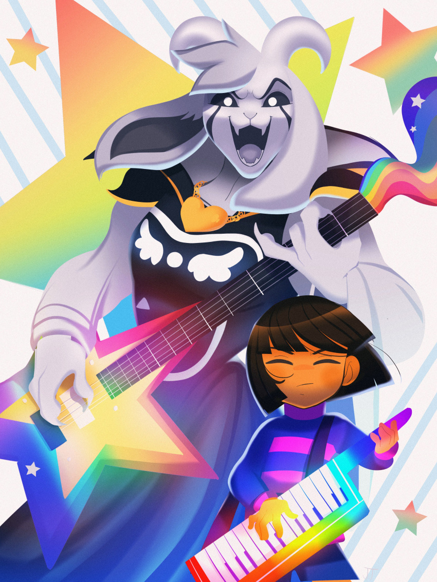 &lt;3 2018 ambiguous_gender anthro asriel_dreemurr asriel_dreemurr_(god_form) black_fur black_sclera brown_hair caprine claws clothed clothing digital_media_(artwork) duo eyes_closed fur goat guitar hair head_tuft holding_musical_instrument horn human jewelry keytar kittenpawprints locket long_ears looking_at_viewer male mammal musical_instrument necklace open_mouth pants portrait protagonist_(undertale) rainbow robe sharp_teeth shorts size_difference smile standing star striped_shirt teeth undertale video_games white_eyes white_fur