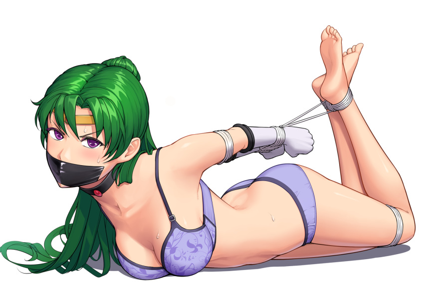 arched_back ass bangs barefoot bdsm bishoujo_senshi_sailor_moon blush bondage bound bound_arms bound_legs bra breasts choker feet full_body gag gagged gbeeee glaring gloves green_hair hogtie improvised_gag long_hair looking_at_viewer lying medium_breasts meiou_setsuna on_stomach panties ponytail purple_eyes restrained rope sailor_pluto scowl solo sweat tape tape_gag tiara underwear white_gloves