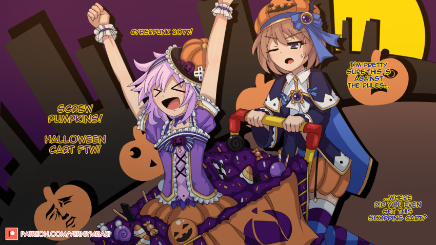 &gt;_&lt; :d ;o arms_up blanc blue_cape blue_eyes blue_jacket blush brown_hair cape capelet clenched_hands commentary d-pad d-pad_hair_ornament english food full_moon garter_straps hair_between_eyes hair_ornament halloween halloween_costume jacket long_sleeves looking_at_another medium_hair moon multiple_girls neptune_(choujigen_game_neptune) neptune_(series) one_eye_closed open_mouth orange_skirt outdoors patreon_username pumpkin_hat purple_corset purple_hair purple_shirt pushing riding shirt shopping_cart short_hair short_sleeves skirt smile striped striped_legwear sweets thighhighs verniy_misaki wide_sleeves