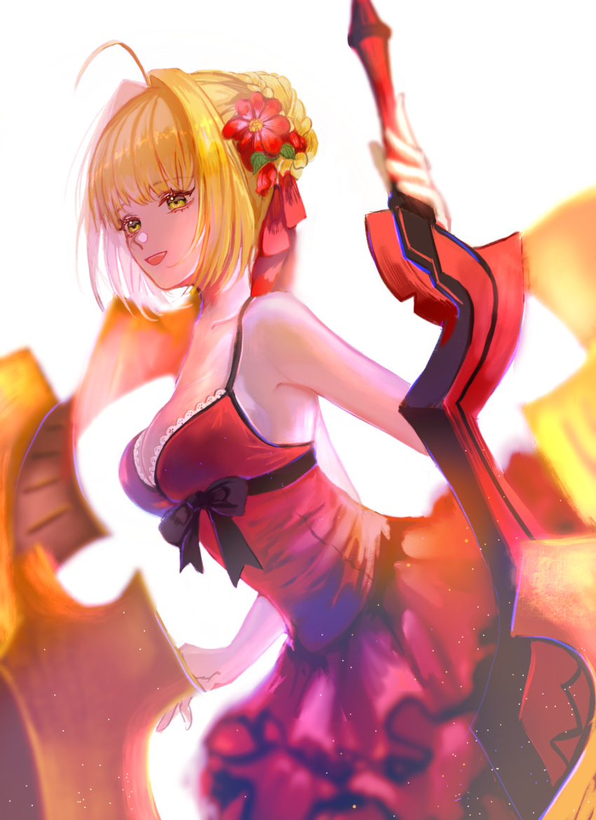 aestus_estus antenna_hair bangs bare_shoulders blonde_hair bow braid breasts collarbone crown_braid dress eyebrows_visible_through_hair fate/extra fate_(series) flower frilled_dress frills green_eyes hair_flower hair_ornament highres light_background medium_breasts nero_claudius_(fate) nero_claudius_(fate)_(all) open_mouth rec.07 red_dress short_hair sleeveless sleeveless_dress smile solo sword weapon