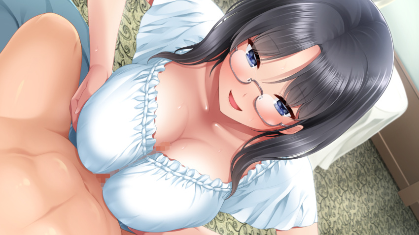 1girl bangs black_hair blue_eyes blush breast_squeeze breasts censored cleavage clothed_female_nude_male floor from_above game_cg glasses highres indoors large_breasts lizabell_worth looking_down medium_hair mosaic_censoring navel nude open_mouth original paizuri paizuri_fiancee paizuri_over_clothes penis pov semi-rimless_eyewear short_sleeves smile solo_focus sweat uni8 white_clothes