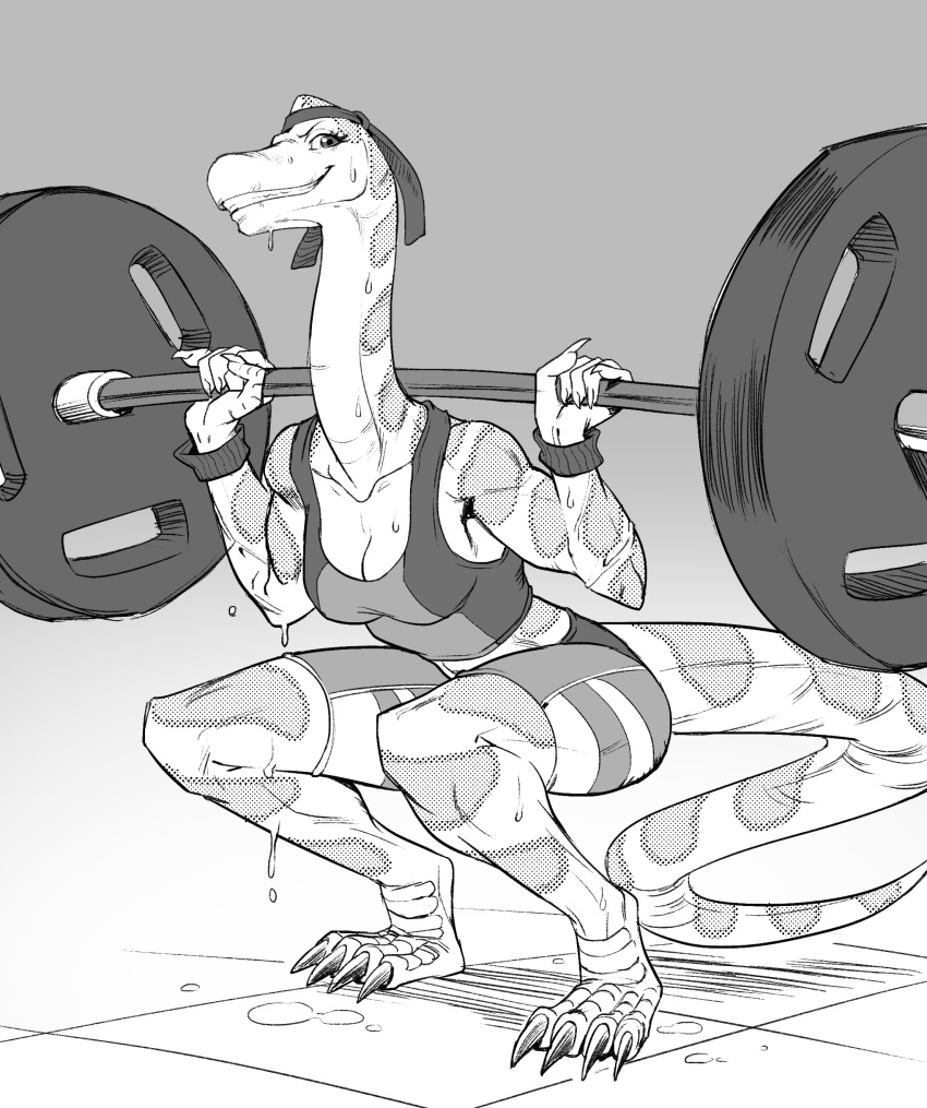 2018 5_fingers alanscampos anthro armband bandanna brachiosaurus breasts claws cleavage clothed clothing crop_top crouching digital_media_(artwork) dinosaur dripping exercise eyelashes female grin long_neck long_tail midriff monochrome non-mammal_breasts pants reptile sauropod scales scalie shirt shorts simple_background smile snout solo spotted_scales sweat teeth toe_claws weightlifting weights workout