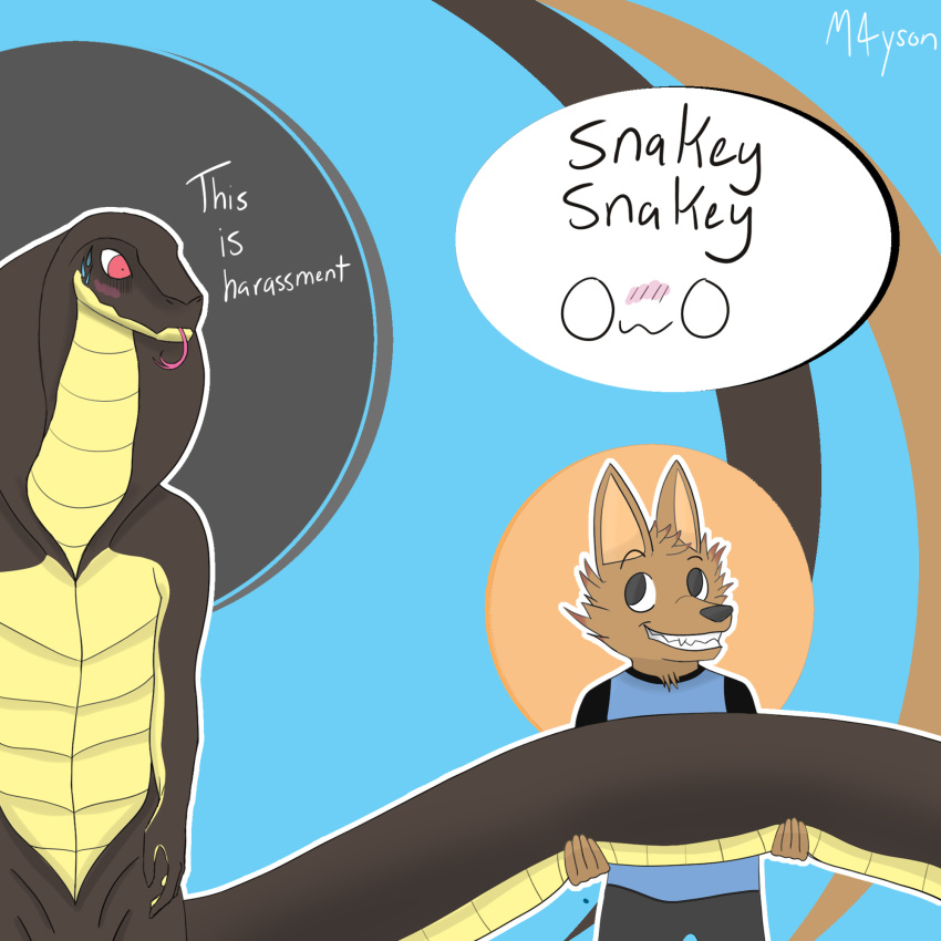 canid canine canis clothing dialogue digital_media_(artwork) fur humor m4yson male mammal naga reptile scalie smile snake wolf