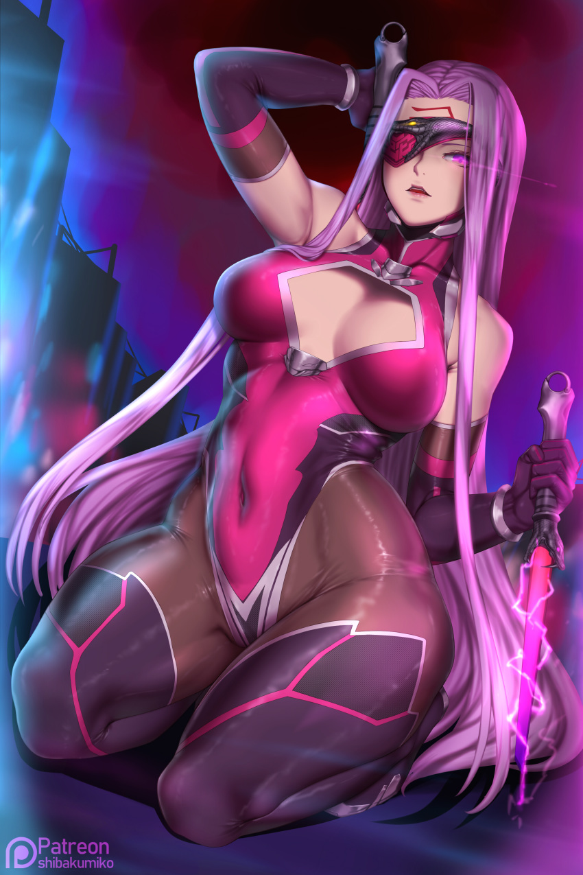 absurdres alternate_costume arm_behind_head bare_shoulders boots bracelet breasts cleavage cleavage_cutout commentary_request covered_navel dagger detached_sleeves dual_wielding elbow_gloves eyepatch facial_mark facial_tattoo facing_viewer fate/grand_order fate_(series) forehead_mark gloves glowing glowing_eye high_collar highres holding holding_dagger holding_weapon jewelry kumiko_shiba large_breasts leotard long_hair looking_at_viewer pantyhose parted_lips pink_leotard purple_hair revision rider seiza sitting skin_tight solo taimanin_(series) taimanin_suit tattoo thigh_boots thighhighs very_long_hair weapon