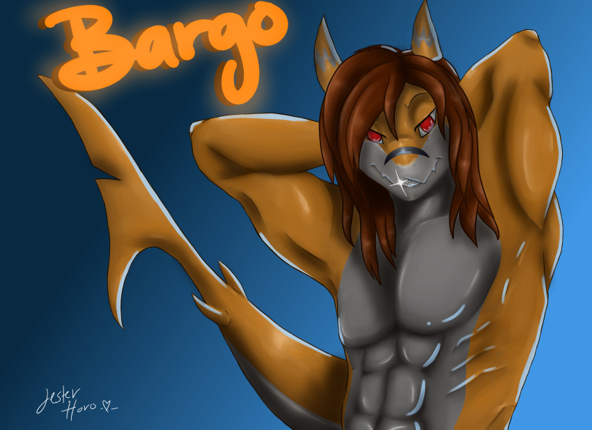 absurd_res anthro bargo blue_background brown_hair fan_character fish hair hi_res jesterhoro looking_at_viewer male marine muscular muscular_male orange_skin red_eyes shark signature simple_background single solo