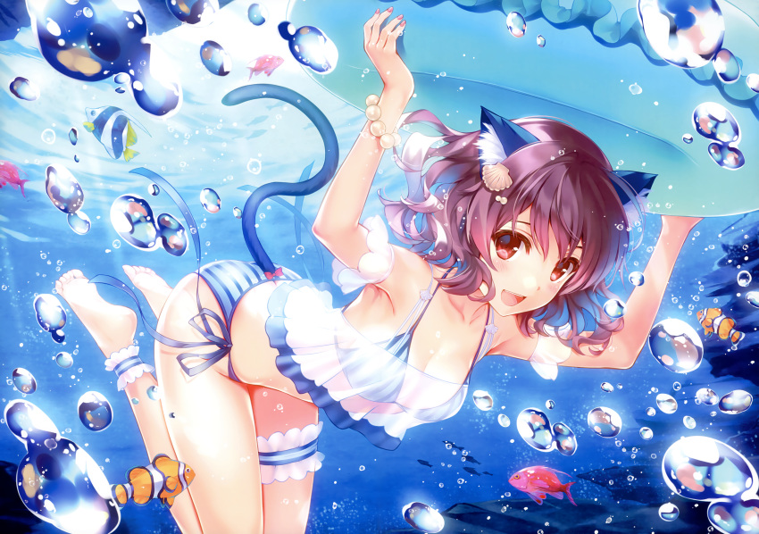 absurdres air_bubble animal animal_ears armpits ass bangs bare_shoulders barefoot bikini bracelet breasts brown_eyes brown_hair bubble butt_crack cat_ears cat_tail cleavage clownfish collarbone fingernails fish full_body hair_ornament highres huge_filesize innertube jewelry looking_at_viewer medium_breasts misaki_kurehito ocean open_mouth original outdoors pearl_bracelet see-through shell_hair_ornament short_hair side-tie_bikini smile solo striped submerged swimsuit tail thigh_strap thighs toes underwater vertical_stripes water