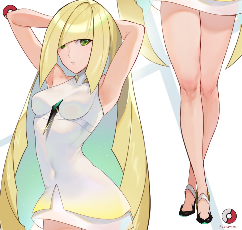 armpits arms_behind_head arms_up bangs blonde_hair breasts commentary covered_navel diagonal_bangs dress english_commentary gem green_eyes high_heels highres hips legs long_hair looking_at_viewer lusamine_(pokemon) medium_breasts parted_lips poke_ball pokemon pokemon_(game) pokemon_sm sendrawz short_dress simple_background sleeveless solo thighs very_long_hair white_background white_dress