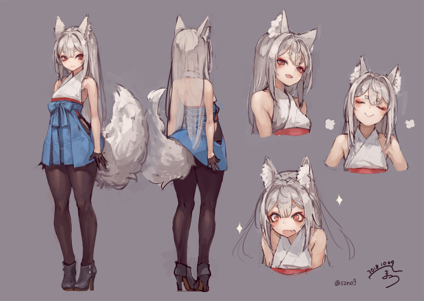 1girl animal_ear_fluff animal_ears back backless_outfit bangs bare_shoulders black_footwear black_gloves black_legwear black_skirt blush commentary_request dated eyebrows_visible_through_hair fang fox_ears fox_girl fox_tail full_body gloves hair_between_eyes high_heels japanese_clothes long_hair looking_at_viewer multiple_views original pantyhose red_eyes short_eyebrows signature silver_hair simple_background skirt sleeveless smile standing suzuno_(bookshelf) tail thick_eyebrows turnaround twitter_username