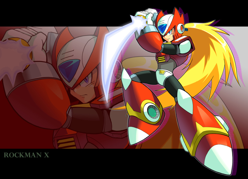 android black_border blonde_hair blue_eyes border closed_mouth commentary_request copyright_name energy_sword fighting_stance full_body gloves helmet highres holding holding_weapon lightsaber long_hair male_focus ponytail rockman rockman_x serious solo sword weapon yuusuke_(5yusuke3) zero_(rockman) zoom_layer