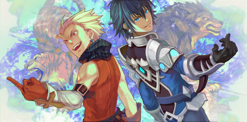 barbarian black_hair blonde_hair blue_eyes commentary_request dragon_nest earrings fangs jewelry mask_alice middle_finger multiple_boys pointing red_eyes skull smirk tiger