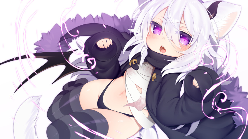 animal_ear_fluff animal_ears bandages bangs black_coat black_panties black_wings blush cat_ears cat_girl cat_tail chestnut_mouth coat commentary_request demon_horns demon_wings eyebrows_visible_through_hair fang fur-trimmed_coat fur_trim hair_between_eyes hands_up highleg highleg_panties highres horns long_hair long_sleeves looking_at_viewer low_wings mofuaki navel no_shoes open_mouth original panties puffy_long_sleeves puffy_sleeves purple_eyes shiro_(mofuaki) sidelocks simple_background sleeves_past_fingers sleeves_past_wrists solo striped striped_legwear tail thighhighs underwear very_long_hair white_background white_hair wings