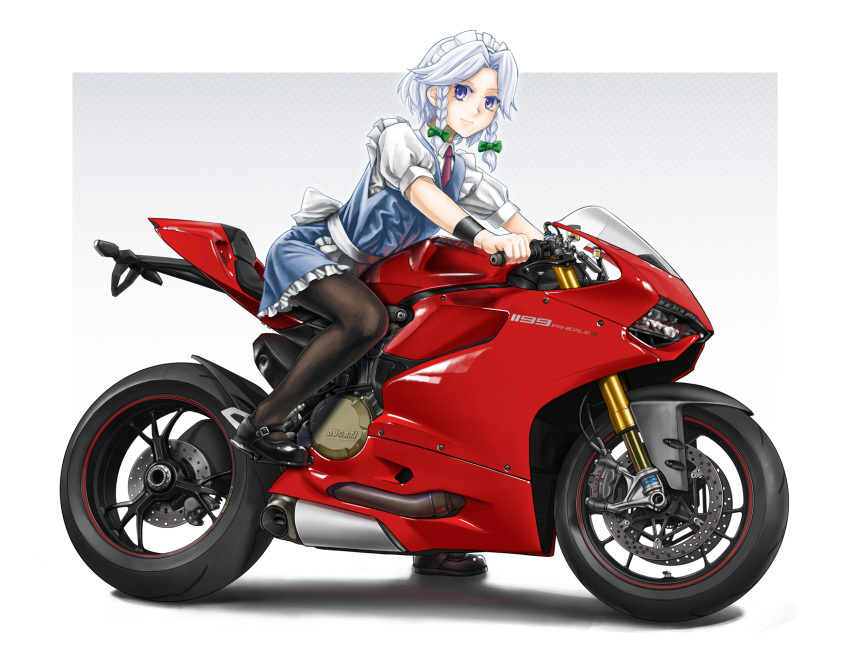 black_footwear black_legwear blue_eyes blue_skirt blue_vest bow bracer braid chanko closed_mouth collared_shirt commentary_request ducati ducati_1199 frilled_skirt frills green_bow grey_background ground_vehicle hair_bow highres izayoi_sakuya large_bow leaning_forward light_smile logo looking_at_viewer maid maid_headdress mary_janes miniskirt motor_vehicle motorcycle necktie outside_border pantyhose polka_dot polka_dot_background puffy_short_sleeves puffy_sleeves purple_neckwear riding shirt shoes short_hair short_sleeves sidelocks silver_hair sitting skirt skirt_set smile solo touhou twin_braids vest white_shirt