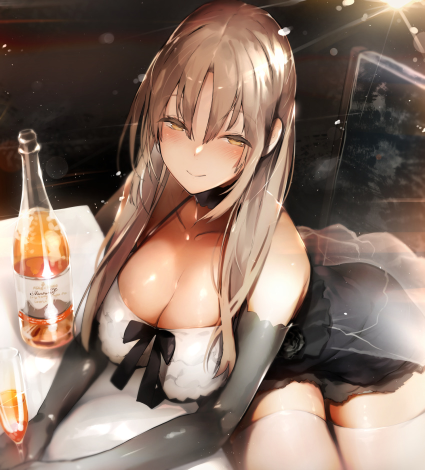 alcohol bangs black_gloves blush bottle breasts brown_eyes champagne_flute commentary_request cup dress drinking_glass elbow_gloves eyebrows_visible_through_hair glass gloves half-closed_eyes highres indoors large_breasts light light_brown_hair long_hair long_sleeves looking_at_viewer night nijisanji nishiide_kengorou open_mouth sidelocks sister_cleaire skindentation smile solo thighhighs thighs very_long_hair virtual_youtuber white_legwear yellow_eyes