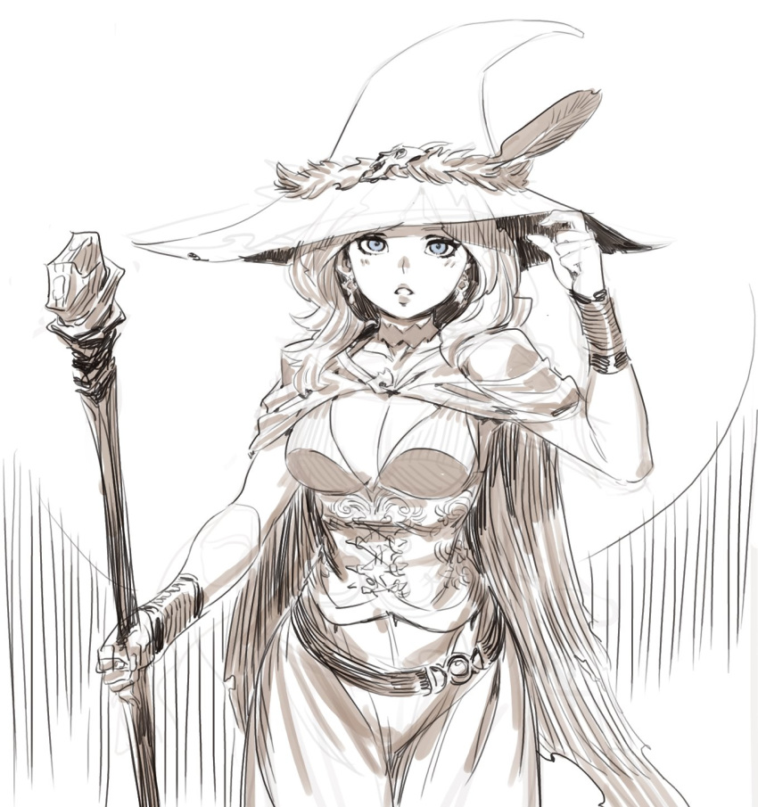 blue_eyes breasts cape cleavage diana_cavendish drawfag earrings hand_up hat hat_feather highres jewelry little_witch_academia long_hair looking_at_viewer medium_breasts older sketch solo spot_color staff standing witch_hat