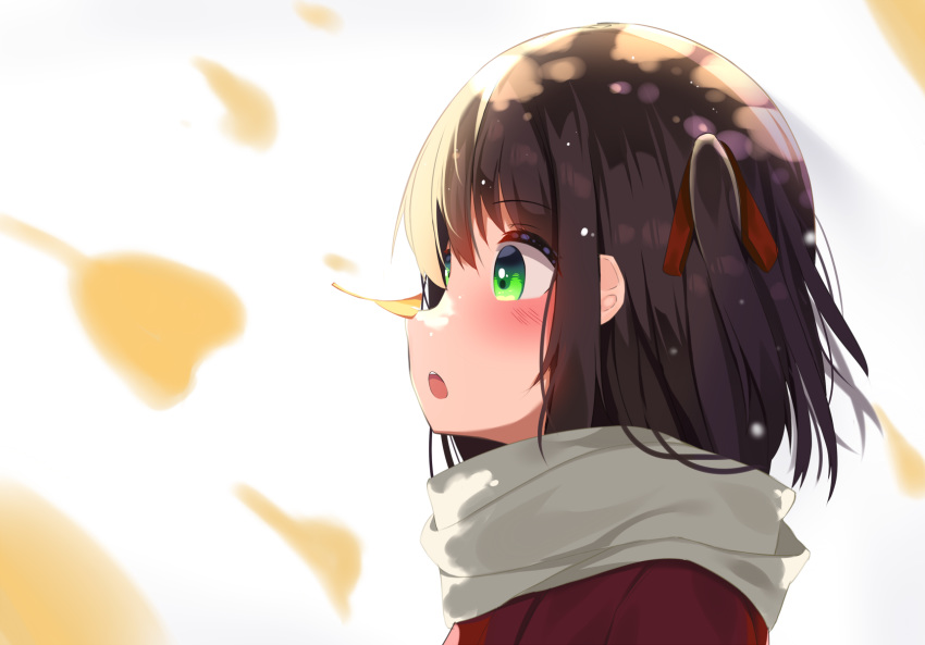 blurry blurry_background blurry_foreground blush brown_hair coat commentary_request depth_of_field from_side ginkgo green_eyes hair_ribbon highres looking_away mizuki_ryuu on_nose one_side_up open_mouth original portrait red_coat red_ribbon ribbon scarf simple_background solo upper_teeth white_background white_scarf