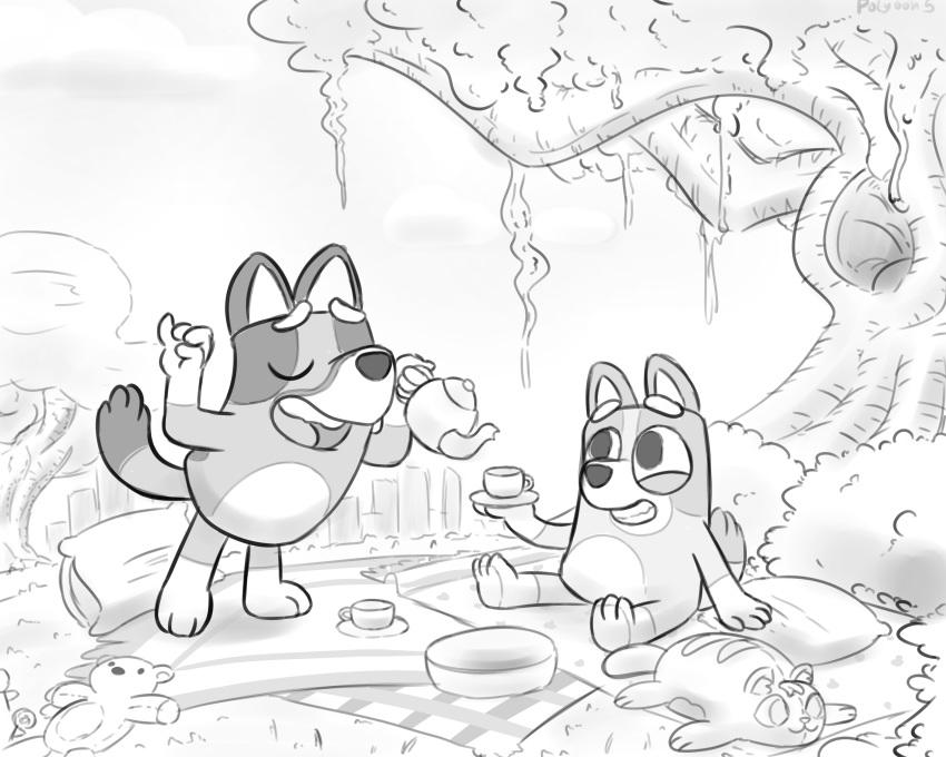 anthro bingo blue_heeler bluey canine cub cup dog duo eyes_closed female fur grass grin mammal monochrome open_mouth outside picnic plant plushie polygon5 pose shrub sibling sisters sitting smile teapot tree young