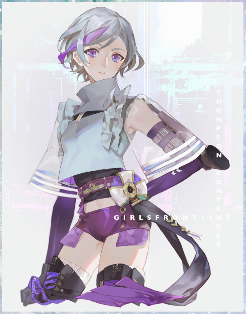 black_gloves commentary_request contrapposto cowboy_shot girls_frontline gloves grey_hair highres midriff multicolored_hair nishihara_isao purple_eyes purple_hair short_hair short_shorts shorts solo streaked_hair thompson/center_contender_(girls_frontline)