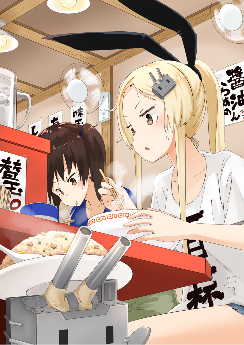 alternate_costume alternate_hairstyle beer_mug black_hair bowl brown_eyes casual chopsticks commentary_request contemporary eating electric_fan food fried_rice hair_ornament highres holding kaga_(kantai_collection) kantai_collection light_brown_hair long_hair machinery multiple_girls noodles pokasu ramen rensouhou-chan shimakaze_(kantai_collection) shirt side_ponytail sweat t-shirt translation_request turret