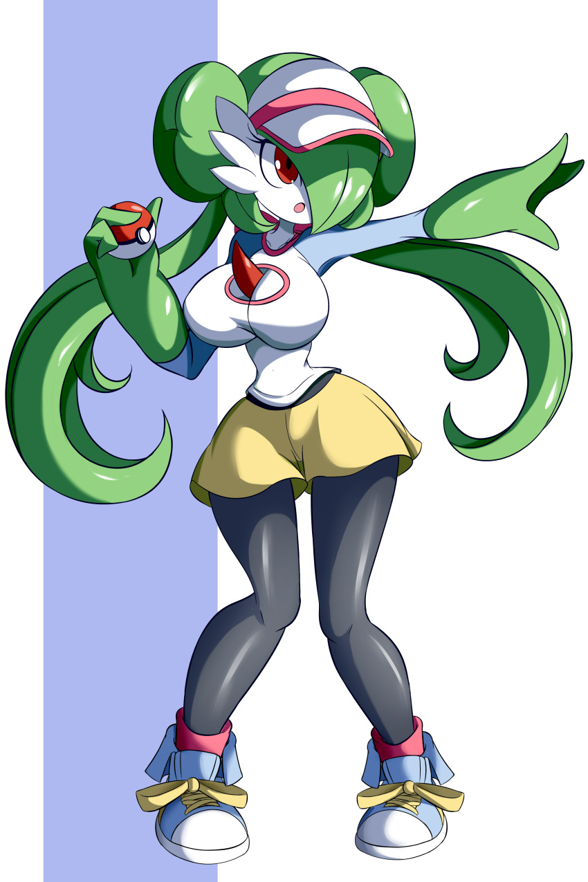 1girl absurdres arm_up bangs black_legwear blue_footwear breasts cleavage cleavage_cutout clothed_pokemon collarbone cosplay creatures_(company) double_bun female full_body game_freak gardevoir gen_3_pokemon green_hair green_skin hair_over_one_eye hand_up hat highres holding holding_poke_ball long_hair mei_(pokemon) mei_(pokemon)_(cosplay) nintendo no_humans open_mouth outstretched_arm pantyhose pigeon-toed pink_hat pink_legwear poke_ball poke_ball_(generic) pokemon pokemon_(creature) pokemon_(game) pokemon_bw2 red_eyes shiny shiny_clothes shiny_hair shiny_skin shirt shoes short_shorts shorts simple_background socks solo standing twintails two-tone_background two-tone_skin visor_cap white_shirt white_skin wide_hips yellow_shorts zanatemx