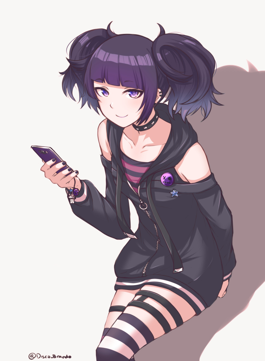 artist_name bangs black_hoodie blunt_bangs cellphone collar collarbone commentary disco_brando ear_piercing eyebrows_visible_through_hair highres hood hood_down hoodie idolmaster idolmaster_shiny_colors long_sleeves looking_at_viewer nail_polish phone piercing purple_eyes purple_hair purple_nails short_hair short_twintails simple_background smile solo striped striped_legwear tanaka_mamimi thighhighs twintails twitter_username white_background