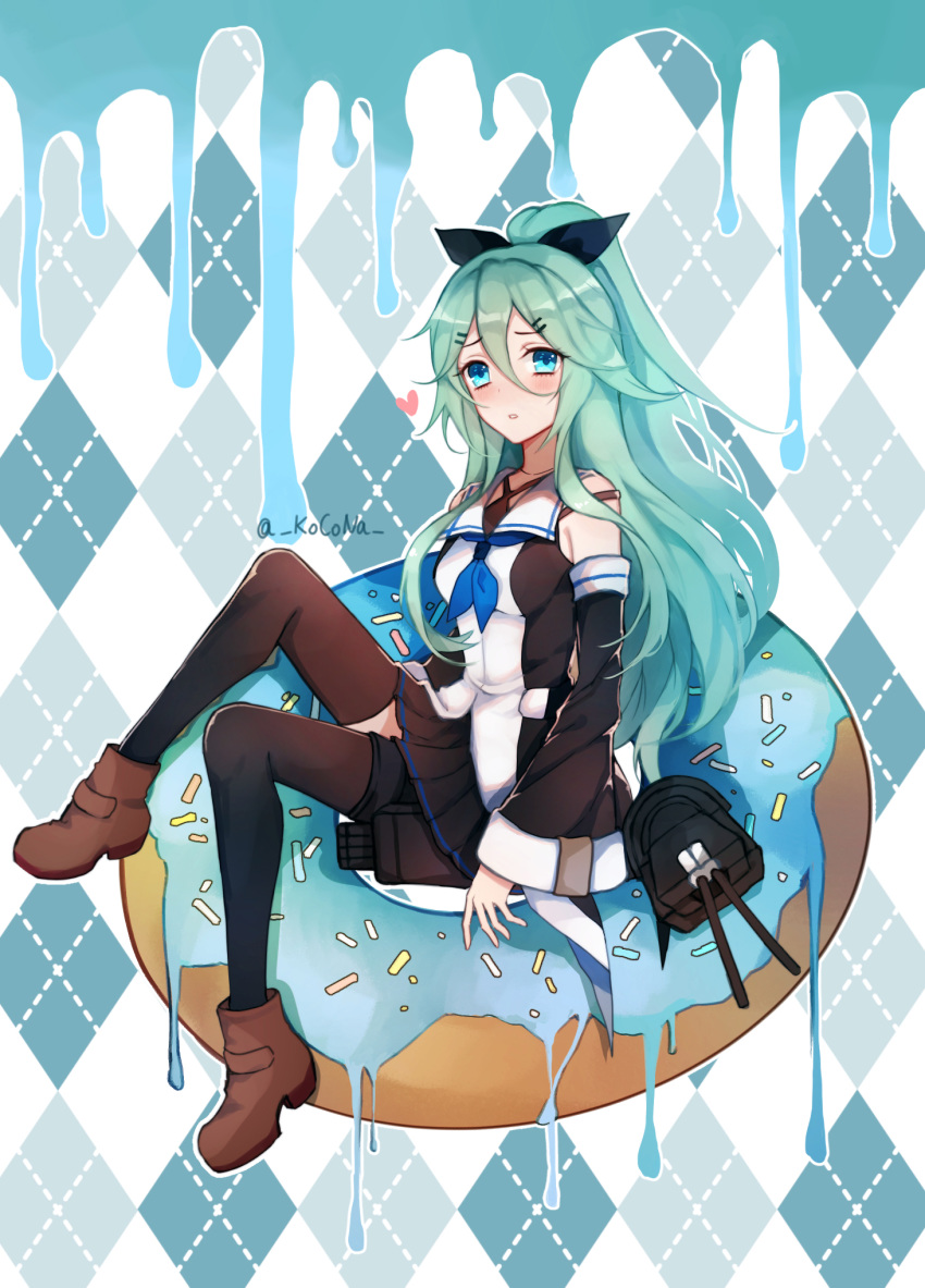 ankle_boots aqua aqua_background aqua_eyes argyle argyle_background bangs bare_shoulders black_legwear black_ribbon black_serafuku black_skirt black_sleeves blue_neckwear boots brown_footwear cannon detached_sleeves doughnut dripping food from_side full_body furrowed_eyebrows green_hair hair_between_eyes hair_ornament hair_ribbon hairclip high_ponytail highres kantai_collection knee_up kocona long_hair long_sleeves looking_to_the_side miniskirt neckerchief oversized_object parted_bangs plaid plaid_background pleated_skirt revision ribbon sailor_collar school_uniform serafuku sidelocks single_horizontal_stripe sitting skirt solo thighhighs turret very_long_hair white_sailor_collar wide_sleeves yamakaze_(kantai_collection)