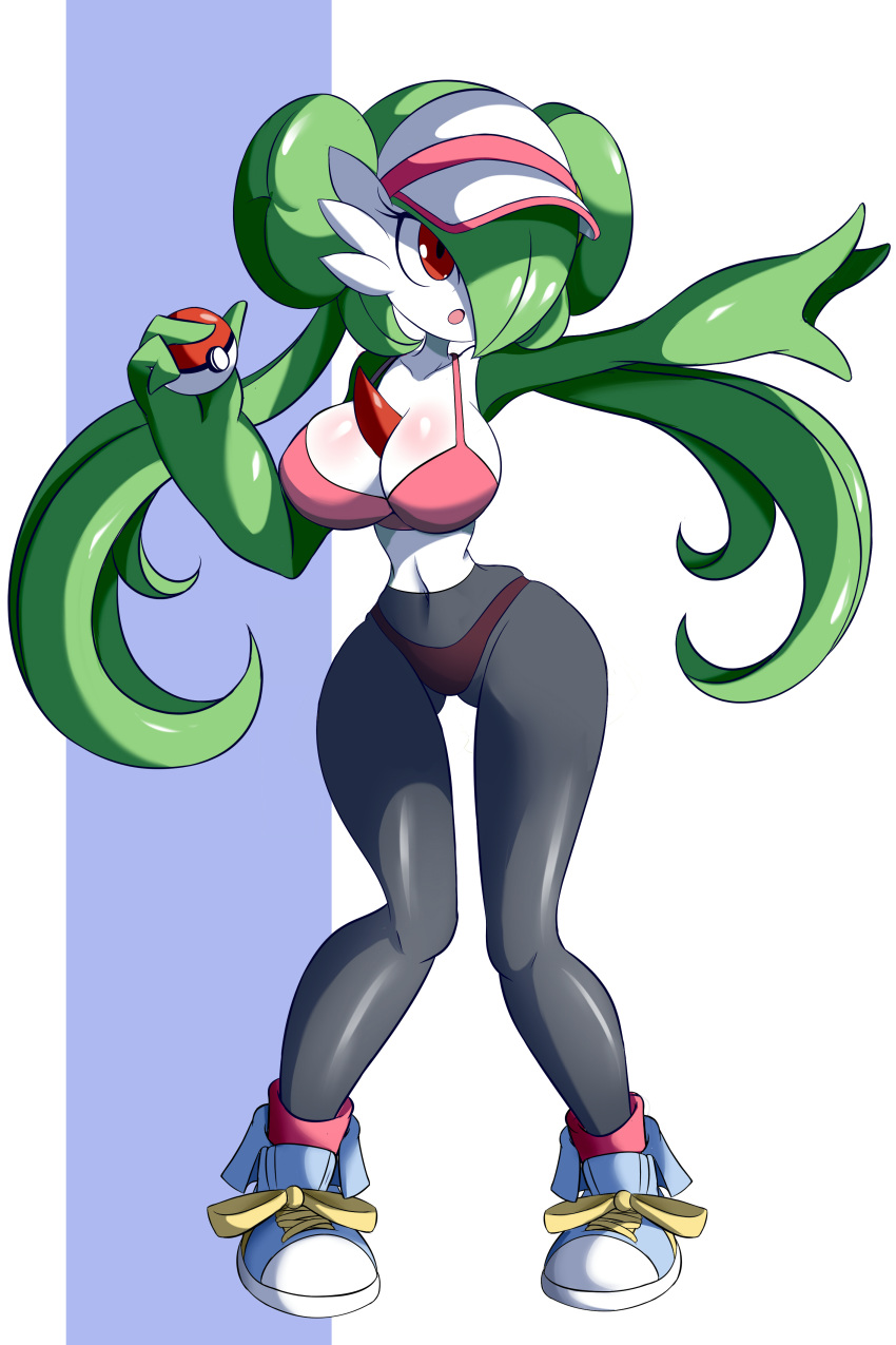 1girl absurdres arm_up bangs black_legwear blue_footwear bra breasts cleavage clothed_pokemon collarbone cosplay creatures_(company) double_bun female full_body game_freak gardevoir gen_3_pokemon green_hair green_skin hair_over_one_eye hand_up hat highres holding holding_poke_ball long_hair mei_(pokemon) mei_(pokemon)_(cosplay) nintendo no_humans open_mouth outstretched_arm panties panties_under_pantyhose pantyhose pigeon-toed pink_bra pink_hat pink_legwear pink_panties poke_ball poke_ball_(generic) pokemon pokemon_(creature) pokemon_(game) pokemon_bw2 red_eyes shiny shiny_clothes shiny_hair shiny_skin shoes simple_background skindentation socks solo standing twintails two-tone_background two-tone_skin underwear visor_cap white_skin wide_hips zanatemx