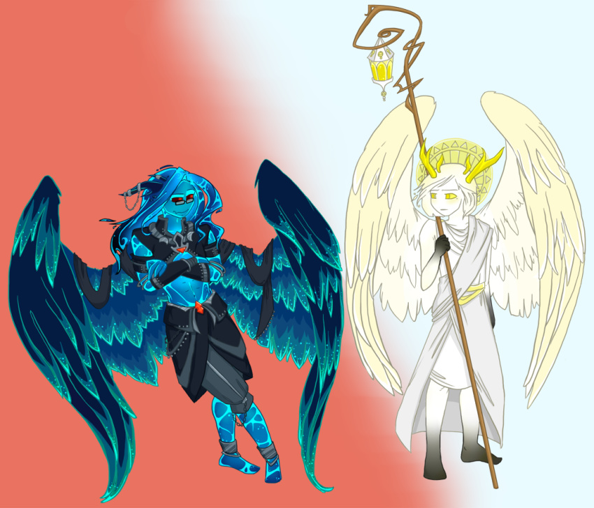 2018 ambiguous_gender angel artistic_license biped blue_hair clothed clothing demon digital_drawing_(artwork) digital_media_(artwork) duo elemental eyewear feathered_wings feathers fire fire_elemental full-length_portrait glasses hair halo hi_res horn humanoid long_hair male not_furry portrait red_eyes short_hair simple_background smile standing white_hair wings