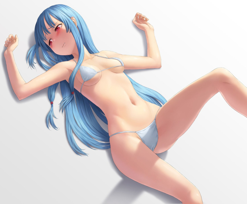 arms_at_sides bangs bare_arms bare_shoulders bikini blue_bikini blue_hair blush breasts cameltoe clenched_teeth collarbone commentary_request embarrassed eyebrows_visible_through_hair eyelashes fingernails groin hair_ornament hair_tie half-closed_eyes kotonoha_aoi kurione_(zassou) long_hair looking_away micro_bikini navel red_eyes simple_background skindentation small_breasts solo stomach straight_hair strap_gap string_bikini swimsuit tearing_up tears teeth underboob very_long_hair voiceroid white_background white_bikini