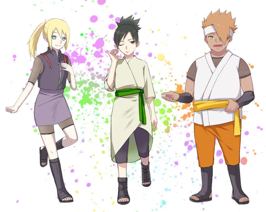 2girls akimichi_chouchou black_eyes black_hair blonde_hair blue_eyes boruto:_naruto_next_generations boruto:_naruto_the_movie dark_skin full_body genderswap genderswap_(ftm) genderswap_(mtf) komedai looking_at_viewer multiple_girls nara_shikadai naruto_(series) orange_hair ponytail smile yamanaka_inojin yellow_eyes