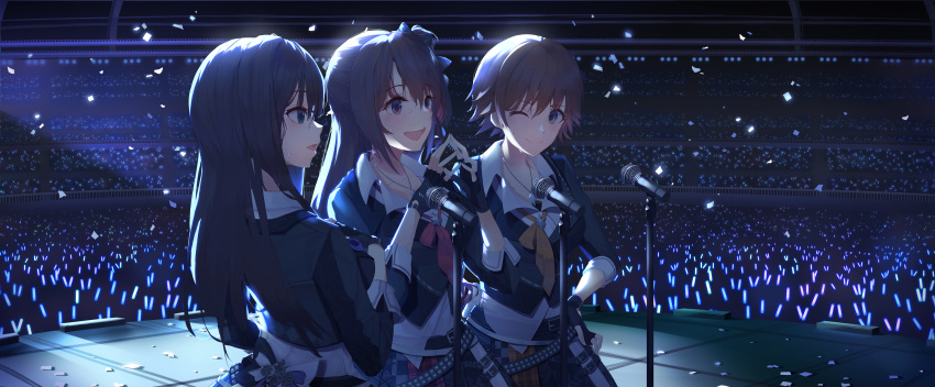 :d ;) absurdres bangs belt belt_buckle black_gloves black_hair black_jacket blue_eyes blush breasts brown_eyes brown_hair buckle closed_mouth collar commentary concert crowd eyebrows_visible_through_hair fingerless_gloves gloves glowstick hair_ribbon hand_on_hip hand_on_own_chest highres honda_mio idol idolmaster idolmaster_cinderella_girls idolmaster_cinderella_girls_starlight_stage indoors jacket jewelry long_hair long_sleeves looking_at_viewer medium_breasts microphone microphone_stand multicolored multicolored_clothes multicolored_skirt multiple_girls munseonghwa necklace new_generations next_frontier one_eye_closed one_side_up open_mouth orange_neckwear own_hands_together pendant profile purple_eyes red_neckwear ribbon round_teeth see-through shibuya_rin shimamura_uzuki shirt short_hair skirt sleeve_cuffs smile stage stage_lights star studded_belt symbol_commentary teeth upper_body white_shirt