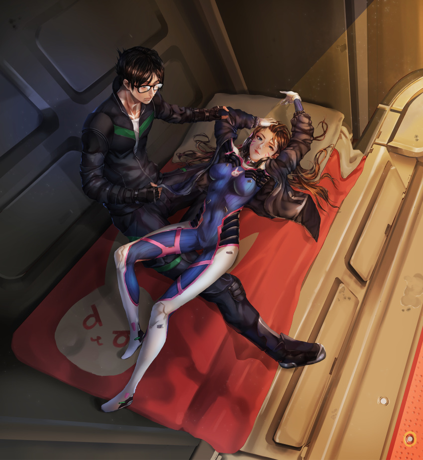 1girl absurdres bandaid_on_forehead bed black-framed_eyewear black_hair blue_eyes bodysuit breasts brown_hair commentary_request covered_navel d.va_(overwatch) dae-hyun_(overwatch) full_body glasses gloves headphones headphones_around_neck highres impossible_bodysuit impossible_clothes jacket jim_dez lips long_hair looking_at_viewer lying lying_on_person medium_breasts nose on_back open_clothes open_jacket overwatch pillow pilot_suit shooting_star_d.va skin_tight whisker_markings white_gloves