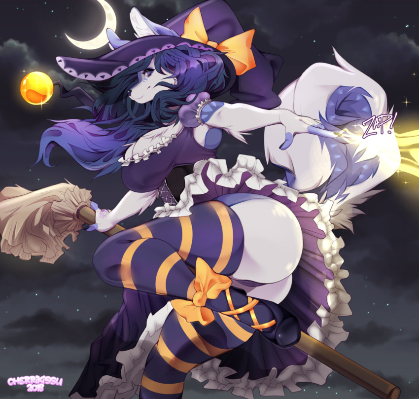 2018 anthro breasts broom butt camel_toe canine cherrikissu cleavage clothed clothing cloud crescent_moon digital_media_(artwork) female hair hat hi_res legwear long_hair magic magic_user mammal moon night signature sky solo star starry_sky striped_legwear stripes witch witch_hat wolf