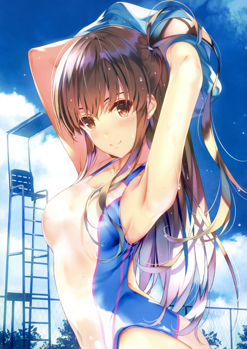 absurdres amami_anzu armpits arms_up bangs blue_sky blush breasts brown_eyes brown_hair closed_mouth cloud cloudy_sky comic_aun competition_swimsuit covered_navel day highres huge_filesize long_hair looking_at_viewer medium_breasts misaki_kurehito one-piece_swimsuit outdoors shiny shiny_clothes shiny_hair side_ponytail sidelocks sky smile solo swimsuit undressing water_drop wet wet_clothes wet_swimsuit