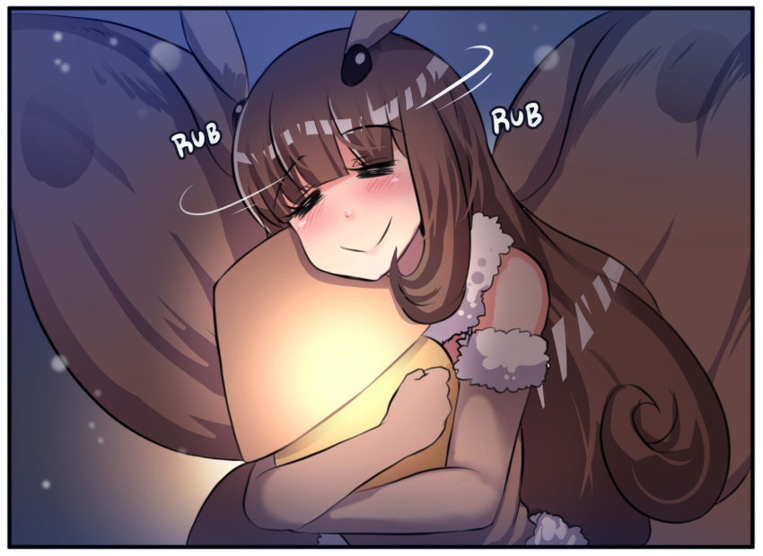 =_= antennae bangs blunt_bangs blush brown_hair brown_wings bug closed_eyes comic elbow_gloves english eyebrows_visible_through_hair fur_trim gloves glowing gradient gradient_background highres hinghoi holding holding_lamp insect insect_girl lamp long_hair monster_girl moth moth_girl night object_hug original smile solo upper_body wings