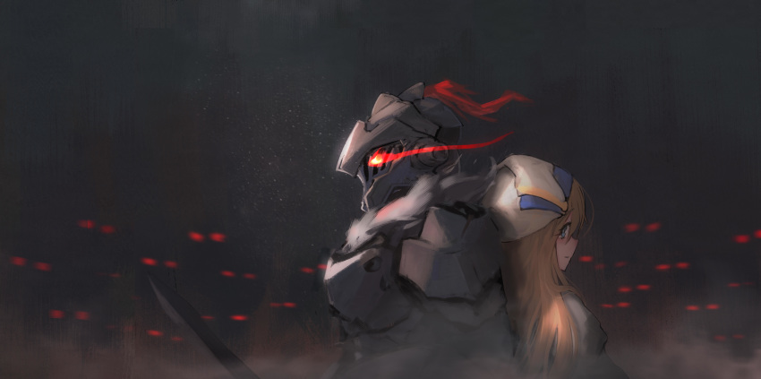 1girl absurdres aegisfate armor back-to-back blonde_hair blue_eyes commentary glowing glowing_eyes goblin goblin_slayer goblin_slayer! hat helmet highres knight monster priestess priestess_(goblin_slayer!) red_eyes sword tearing_up weapon