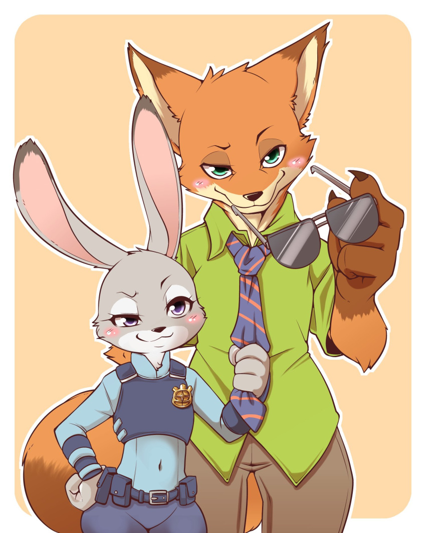 1boy 1girl disney fox furry green_eyes judy_hopps nick_wilde police_ouftit purple_eyes rabbit risuou tie zootopia